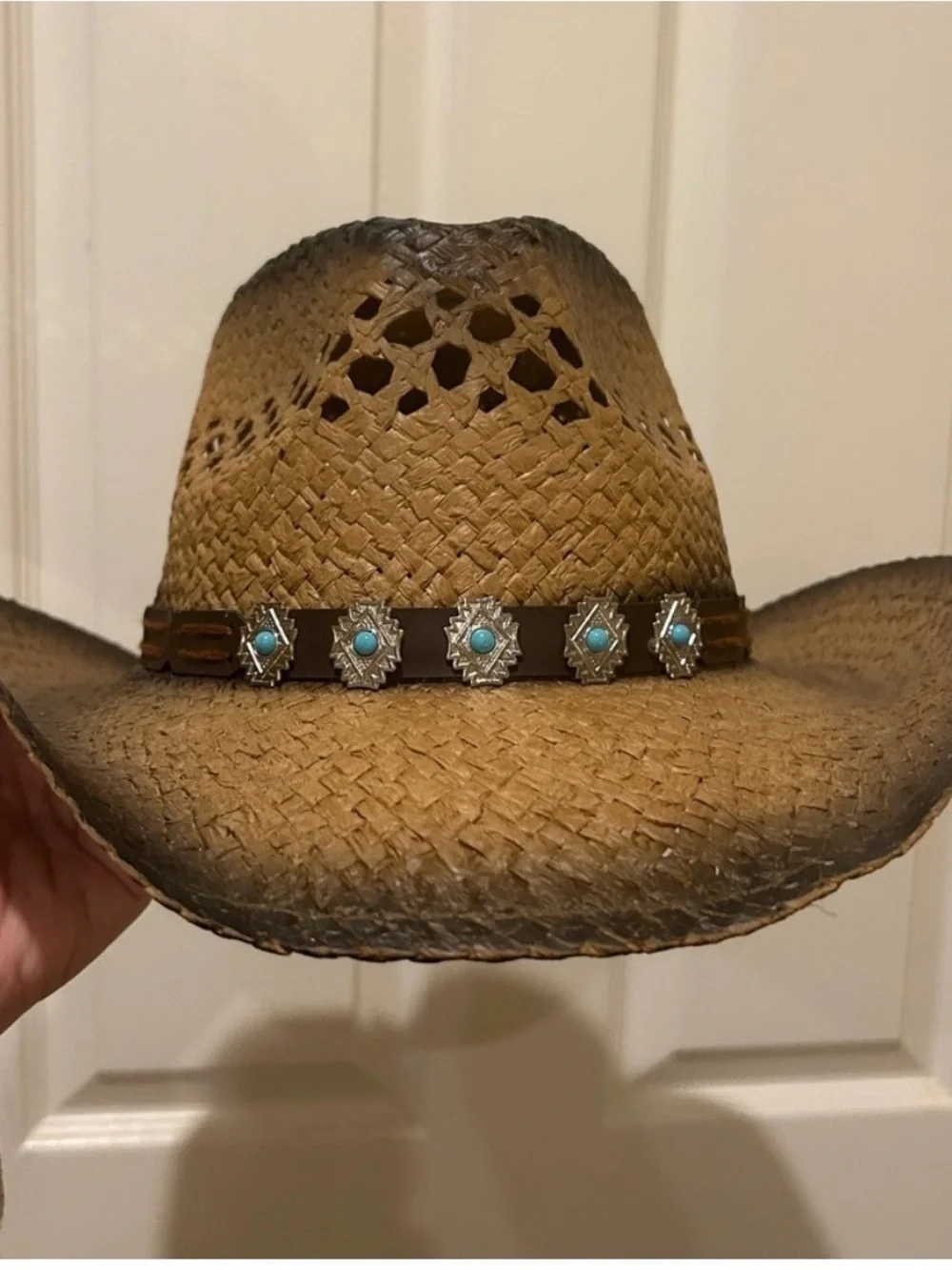 Classic Straw Cowboy Hat with Turquoise Conchos